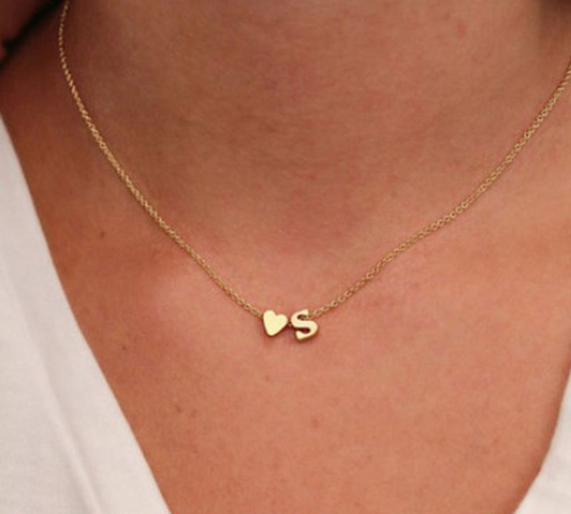 Personalized Minimalist Tiny Dainty 26 Cursive Initial Letter with Heart Charm Pendant Necklace