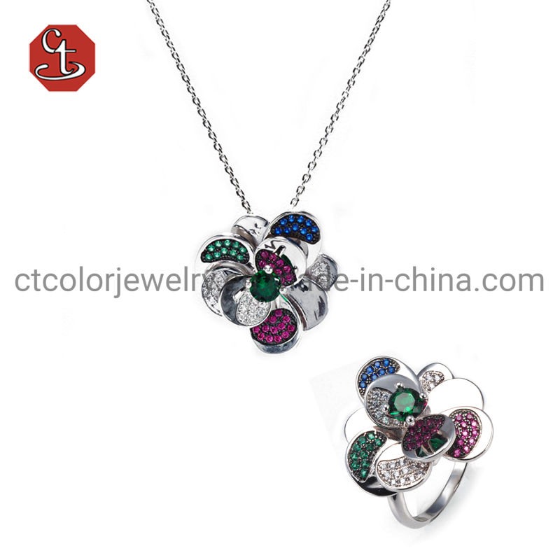 Flower Pendant Silver Jewelry Sets Green/Sapphire/Ruby CZ Necklace