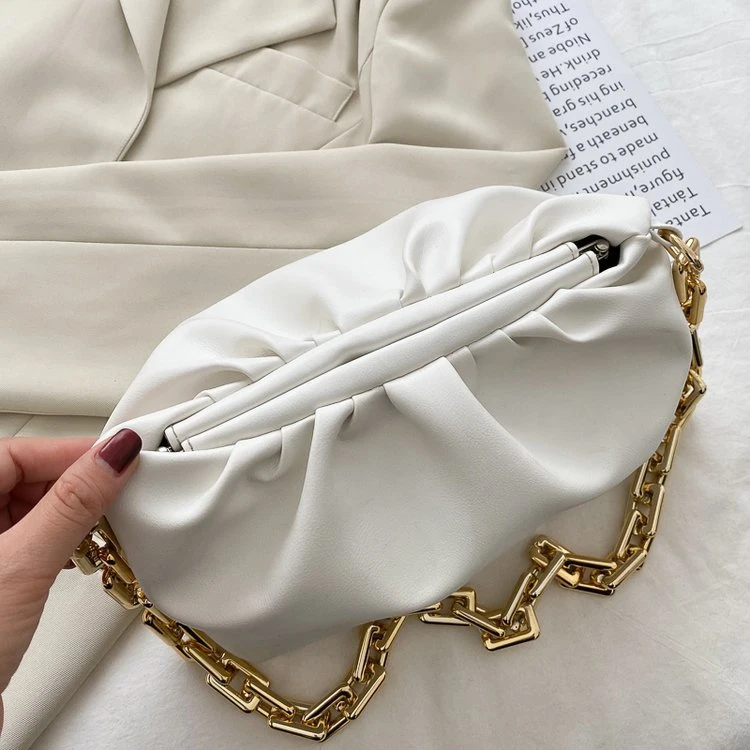 Ladies Day Clutch Pleated Handbags Women Fashion Dumpling Shoulder Cloud Bag with Gold Chain