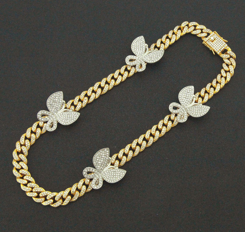 Hot Sale Luxury Women Iced out Jewelry Diamond Cuban Link Chain Butterfly Necklace