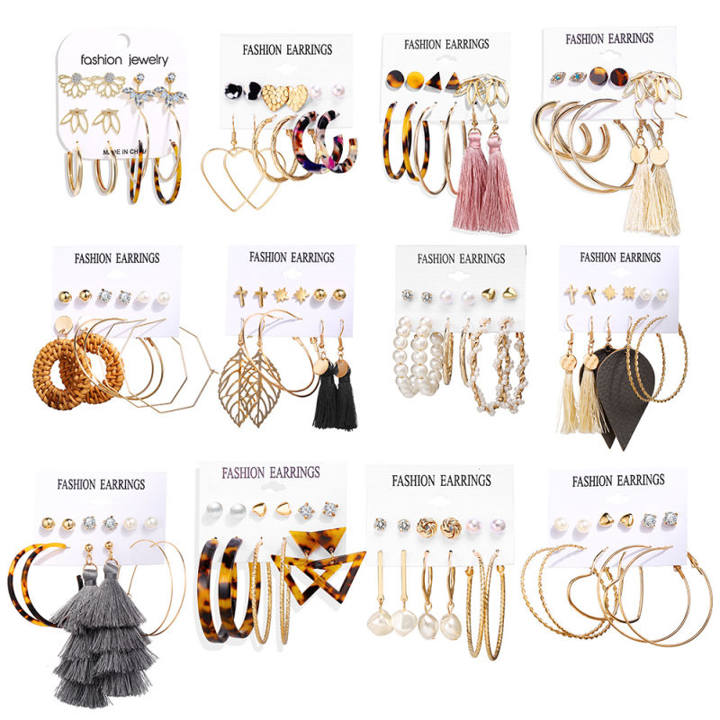 Fashion New Acrylic Faux Pearl Circle Tassel 6-Piece Earrings Set