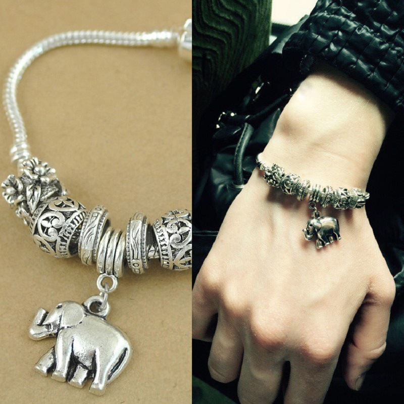 Silver Plated Beaded Bracelet, Cute Elephant Dangling Beads Charm Snake Chain Vintage Bracelet Esg13596