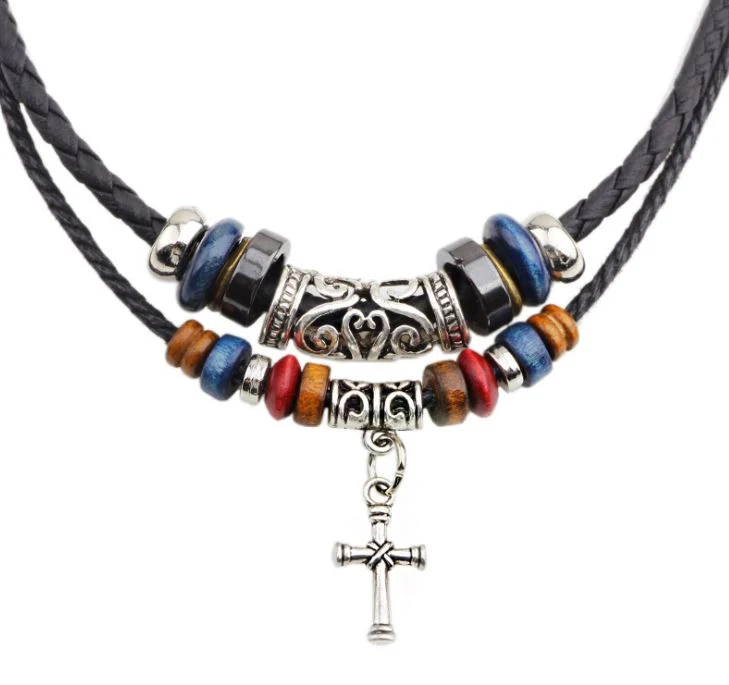 Silver Plated Alloy Cross Necklace Multilayer Cow Leather Necklace Beaded Cross Pendant Necklace for Men