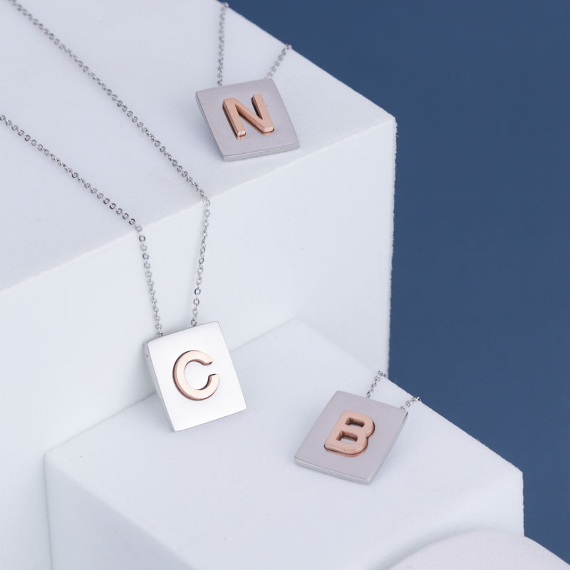 Stainless Steel Square Brand Gold-Plated English 26 Letters Necklace