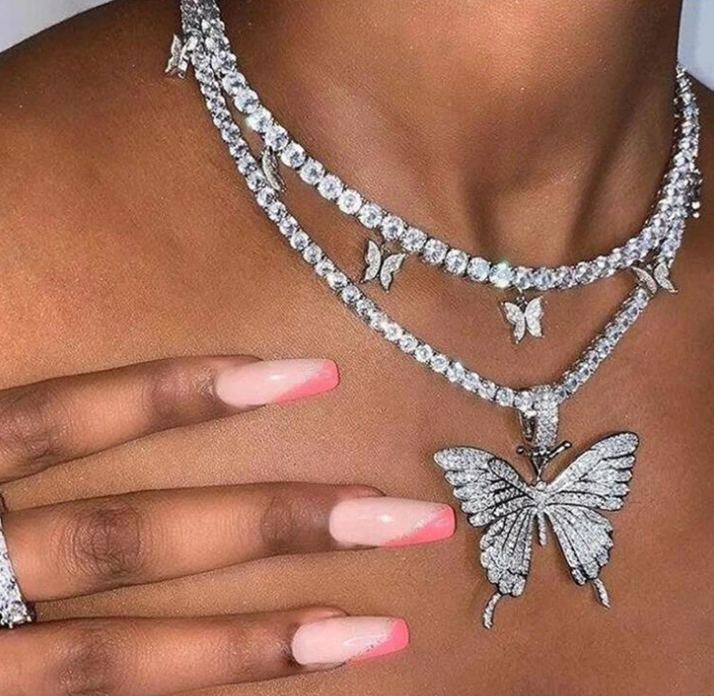 Luxury Women Iced out Jewelry Diamond Cuban Link Chain Butterfly Necklace Butterfly Layered Necklace