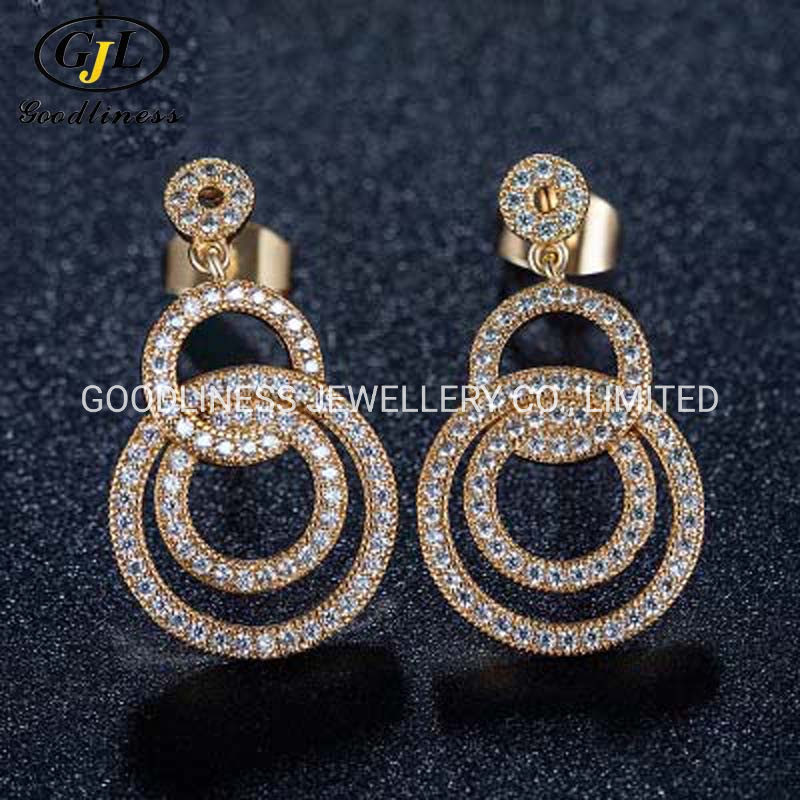 Customized Yellow Gold Plated 925 Sterling Silver Jewelry Pave CZ Interlocking Circle Dangle Earrings (E7489)