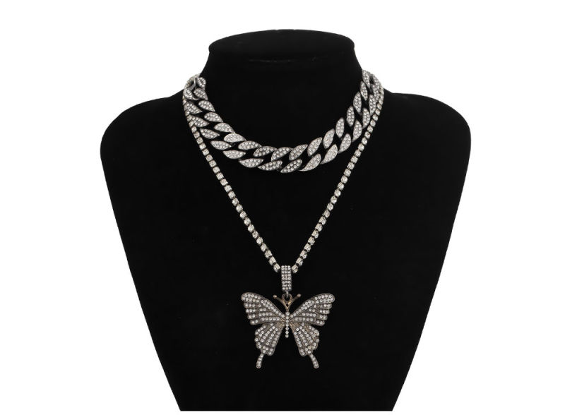 2020 New Product Charms Luxury Jewelry Set Gold Silver Cuban Chain Rhinestone Tennis Chain Bling Butterfly Pendant Necklace