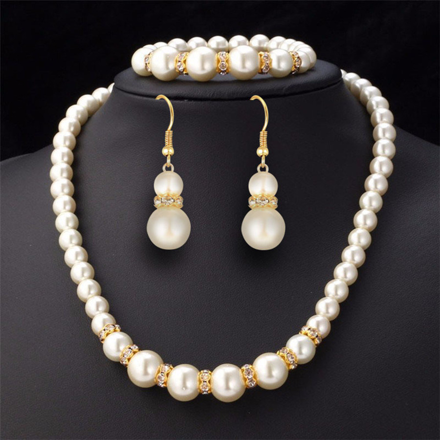 Pearl Beads Jewelry Set Necklace Pendant Bracelet Earring Kit Clear Rhinestone Pearl Bridal Wedding Jewelry Set
