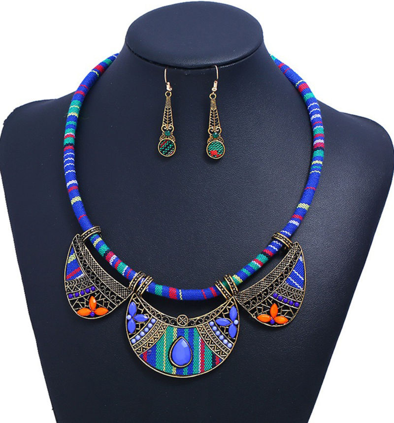New Popular Blue Ethnic Style Earrings and Necklace Set Braided Cord Earrings and Necklaces Two Sets of Ornaments