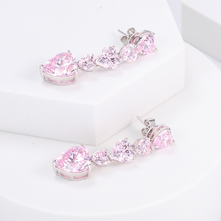 Fashion Silver Earrings Pink Color Heart Shape Earrings