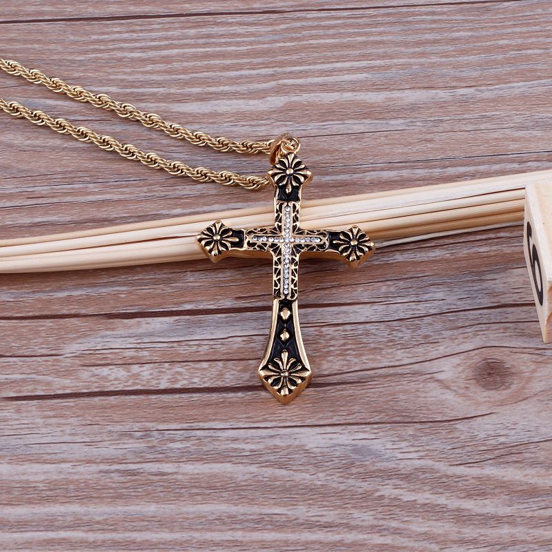 Gold Plated Stainless Steel Flower Cross Rope Necklace