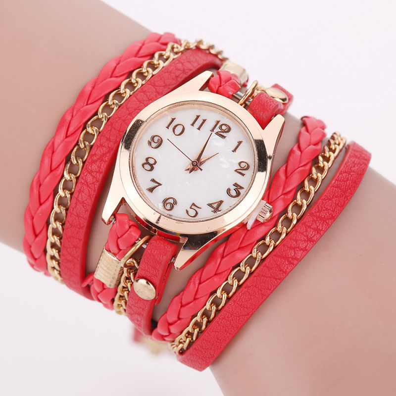 Womens Vintage Weave Leather Wrap Bracelet Wrist Watch Gold Chain Braided Leather Fashion Watches Analog Quartz Bracelet Watches Esg13635
