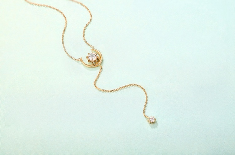 Women Elegant 5A Zircon Necklace Lariat 14K Solid Gold Moon Star Necklace