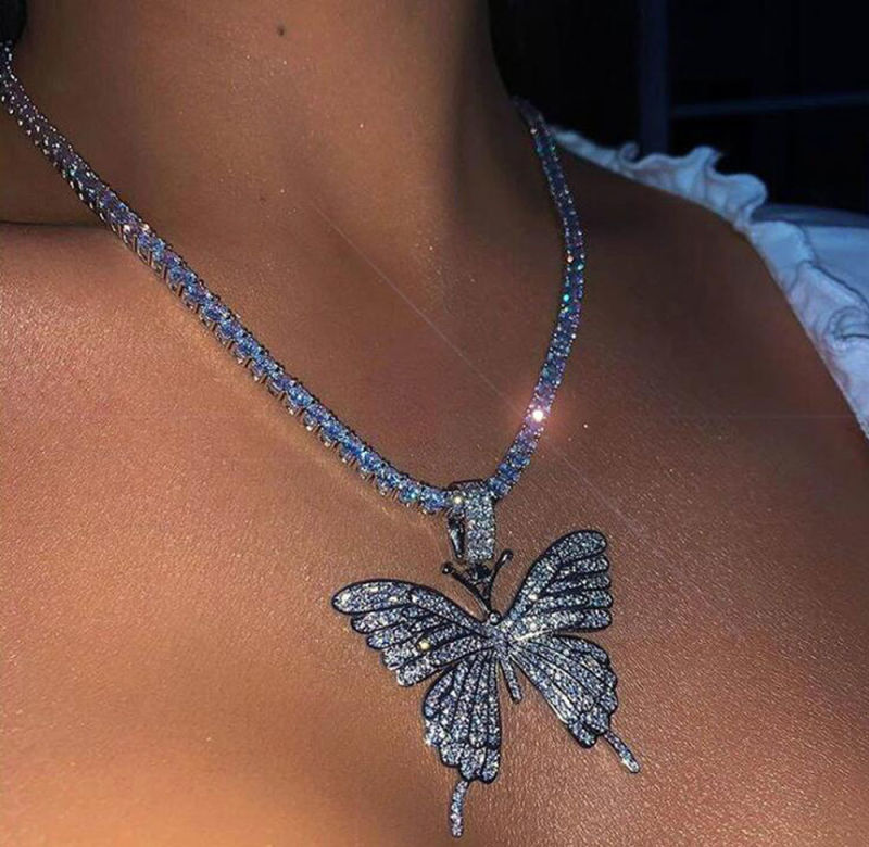 Fashion Jewelry 2 Color Unisex Hip Hop Iced out Necklace Brass Micro Inlay Cubic Zirconia CZ Butterfly Shaped Pendant Necklace