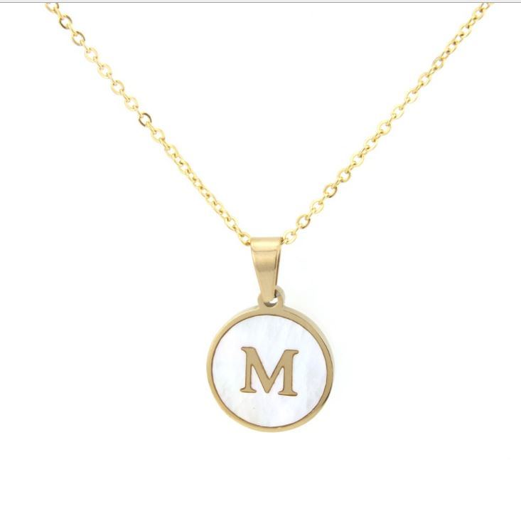 Fashion Delicate Bohemian Round Shell Initial 26 Letter Pendant Necklace Gold Plated Stainless Steel Necklace