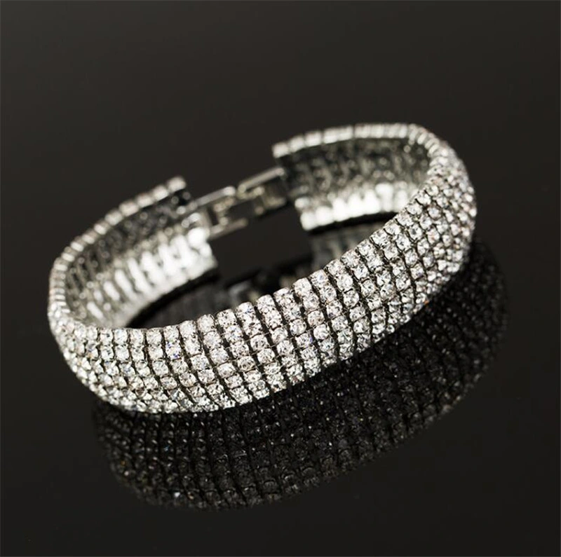 Hot Fashion 7 Rows Crystal Rhinestone Wedding Bridal Chain Bracelet Bling Wristband Jewelry for Women