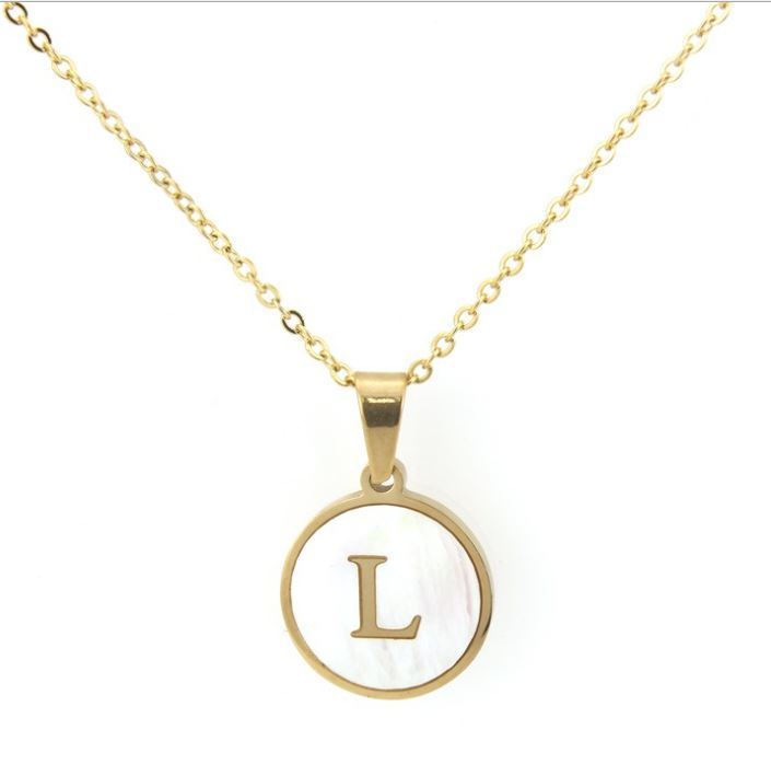 Fashion Delicate Bohemian Round Shell Initial 26 Letter Pendant Necklace Gold Plated Stainless Steel Necklace