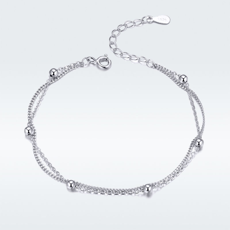 Women Round Beads Double Layers 925 Silver Chain Link Bracelets