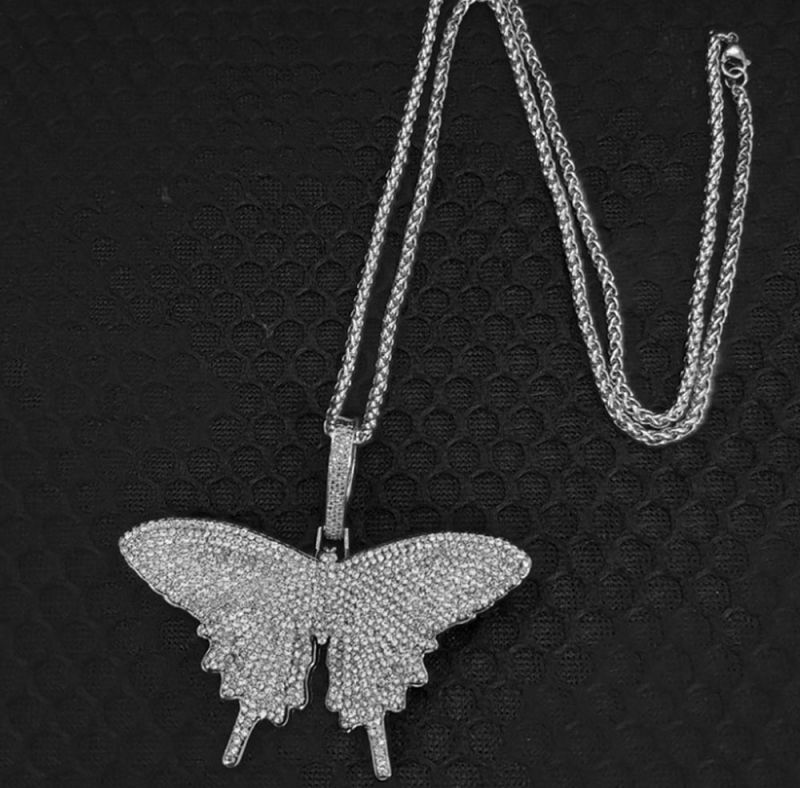 Hiphop Big Pendant Necklace Copper Zircon Butterfly Necklace for Women