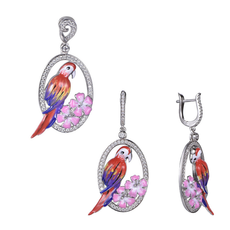 925 Silver Bee and Flower Earring and Necklace Animal Enamel Jewelry Sets for Ladies