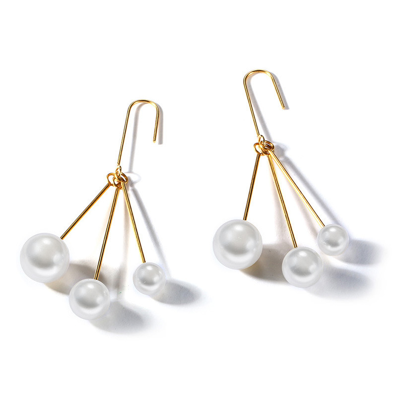 Three White Bead Earrings Temperament Long Stainless Steel Ear Hook Earrings