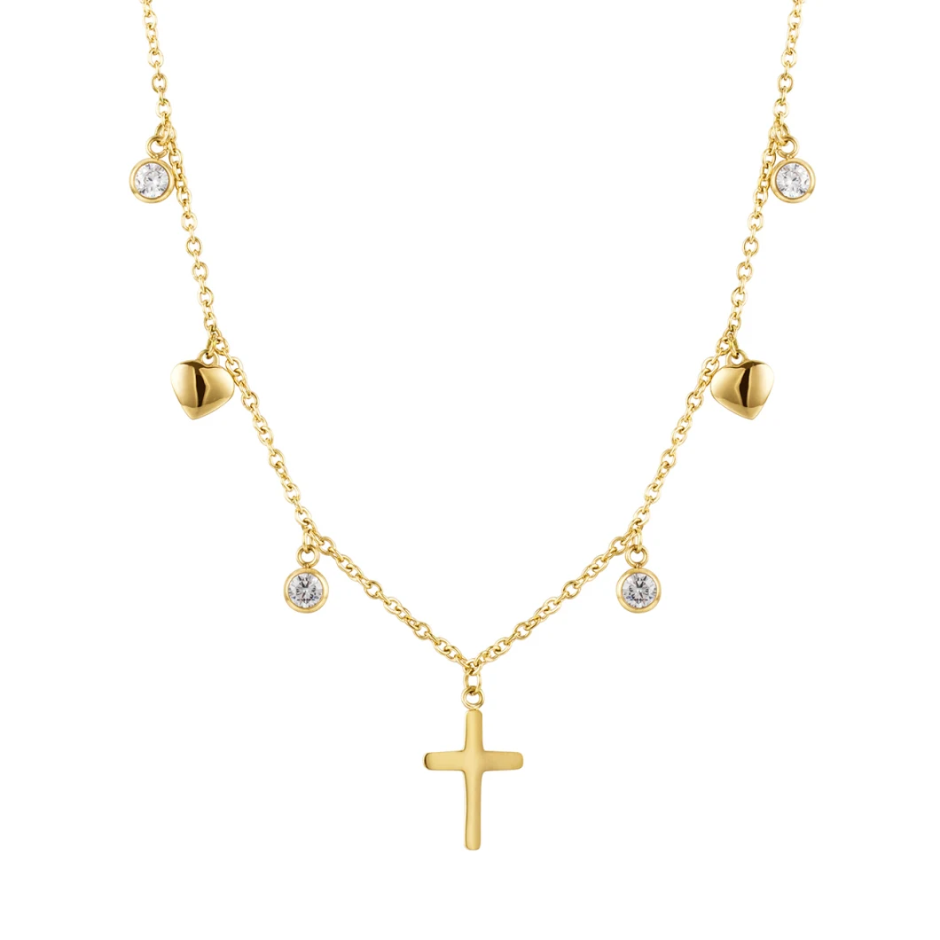Gold-Plated Stainless Steel Mini Love Heart Diamond Ring Cross Necklace