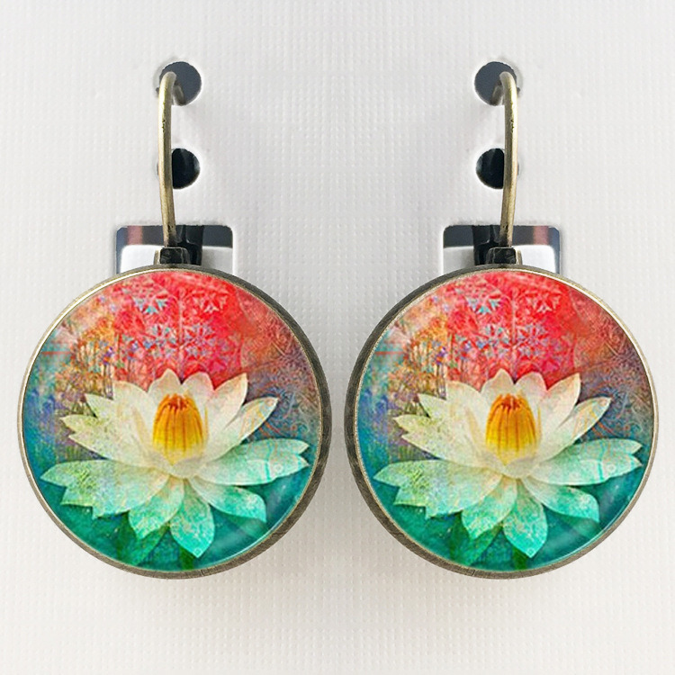 Lotus Mandala Fashion Earrings Jewelry Vintage Yoga Glass Cabochon Earring Symbol Buddhism Earrings