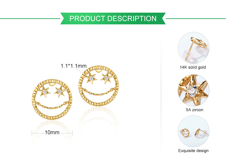 Unique Design Pure Gold Earrings Jewellry Smiley Face 14K Solid Gold Earrings