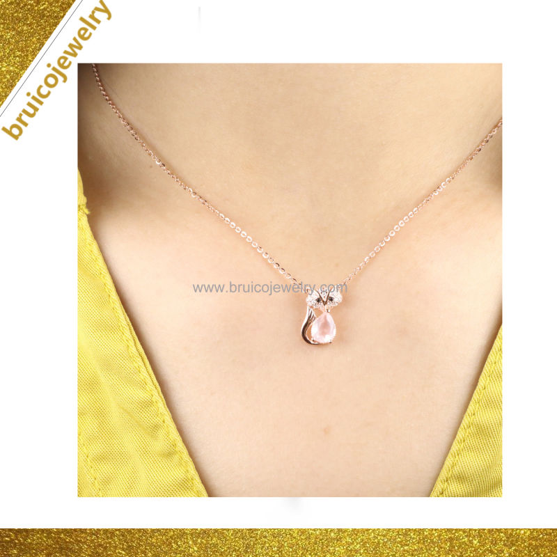 Fashion 925 Sterling Silver Pendant Necklace Choker Necklace Set with Rose Quartz Pink Gold Plated Jewelry Necklace