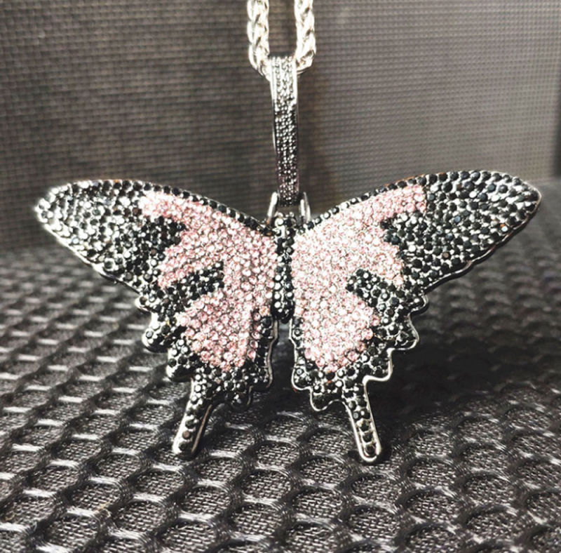 Hiphop Big Pendant Necklace Copper Zircon Butterfly Necklace for Women