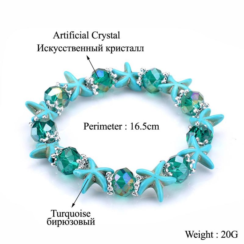 Women Handmade Crystal Starfish Shape Turquoise Beaded Bracelet