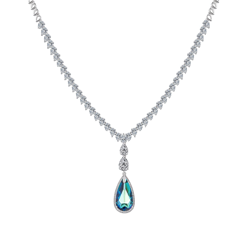 Fashion Luxury Statement 925 Sterling Silver Tennis Single Gemstone Drop Pendant Necklace
