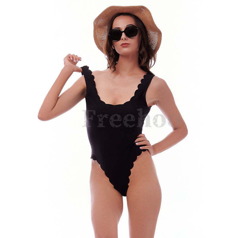 Women's Sexy Black Scallop Wireless One-Piece Swimwear