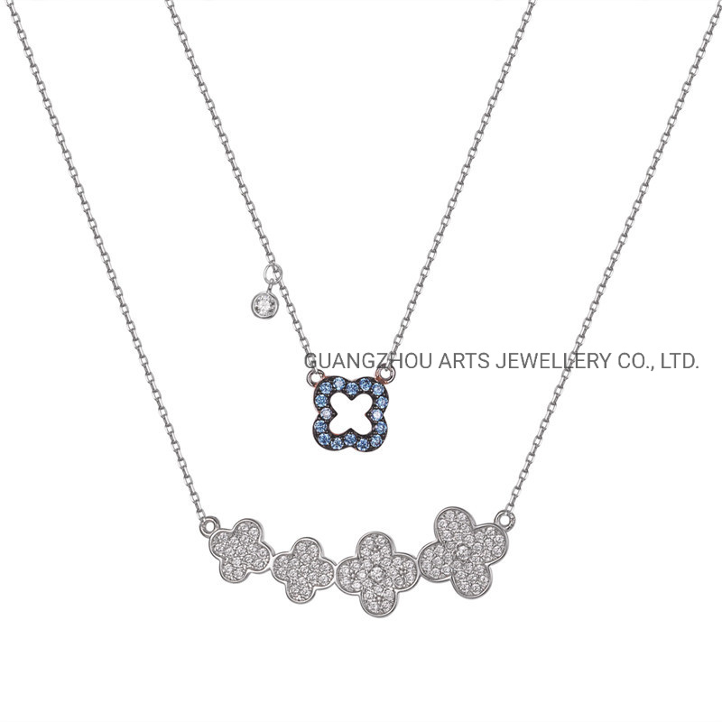 Clover Double Layer Chains Silver Necklace