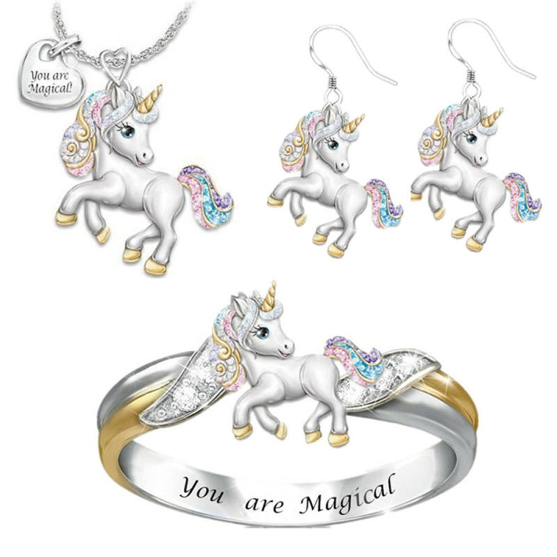 Fashion Silver Alloy Unicorn Necklace Ring Earring Set for Girls