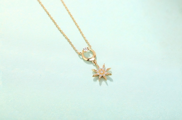 Pretty Solid Gold Necklace Jewelry Women 18K Gold Star and Moon Necklace with Cubic Zircon