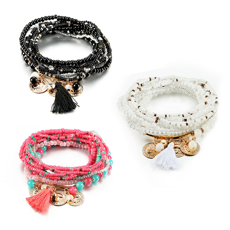 Creative Boho Small Bead Wrap Bracelet with Tassel Charm Jewelry Gift