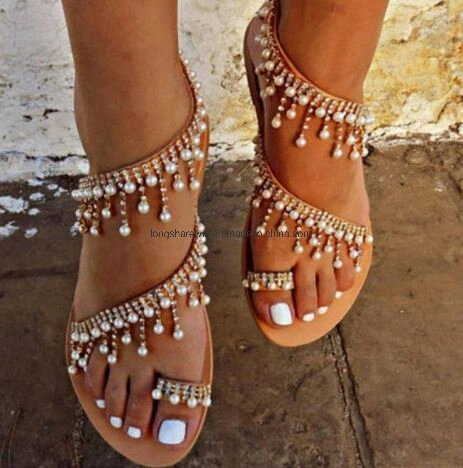 Flat Heel Summer Sandal for Women with a String of Beads Pearl