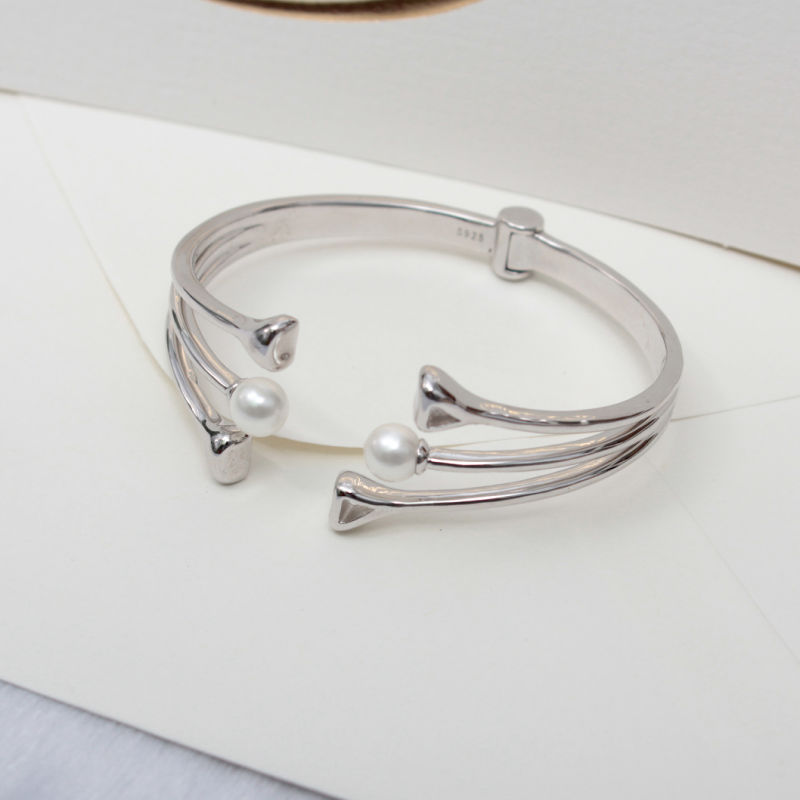 Simple Trendy 925 Sterling Silver White Gold Bangle with Pearl
