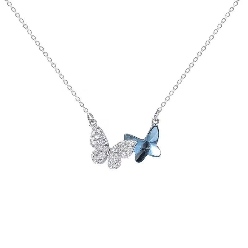 Fashion Jewelry 925 Sterling Silver Double Butterfly Crystal Pendant Womens Necklace