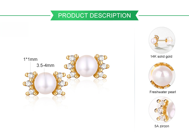 High Quality Solid Gold Earrings 14K 18K Gold Pearl Studs Earrings with CZ