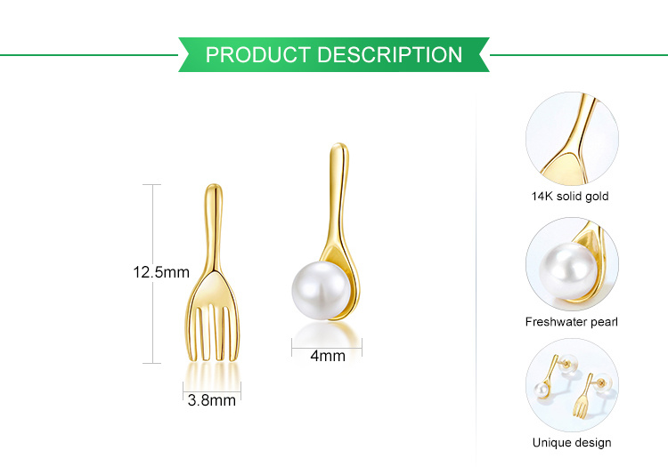 Hot Sale 14K Yellow Gold Asymmetrical Earrings Fine 585 Gold Spoon Fork Earring with Freshwater Pearl