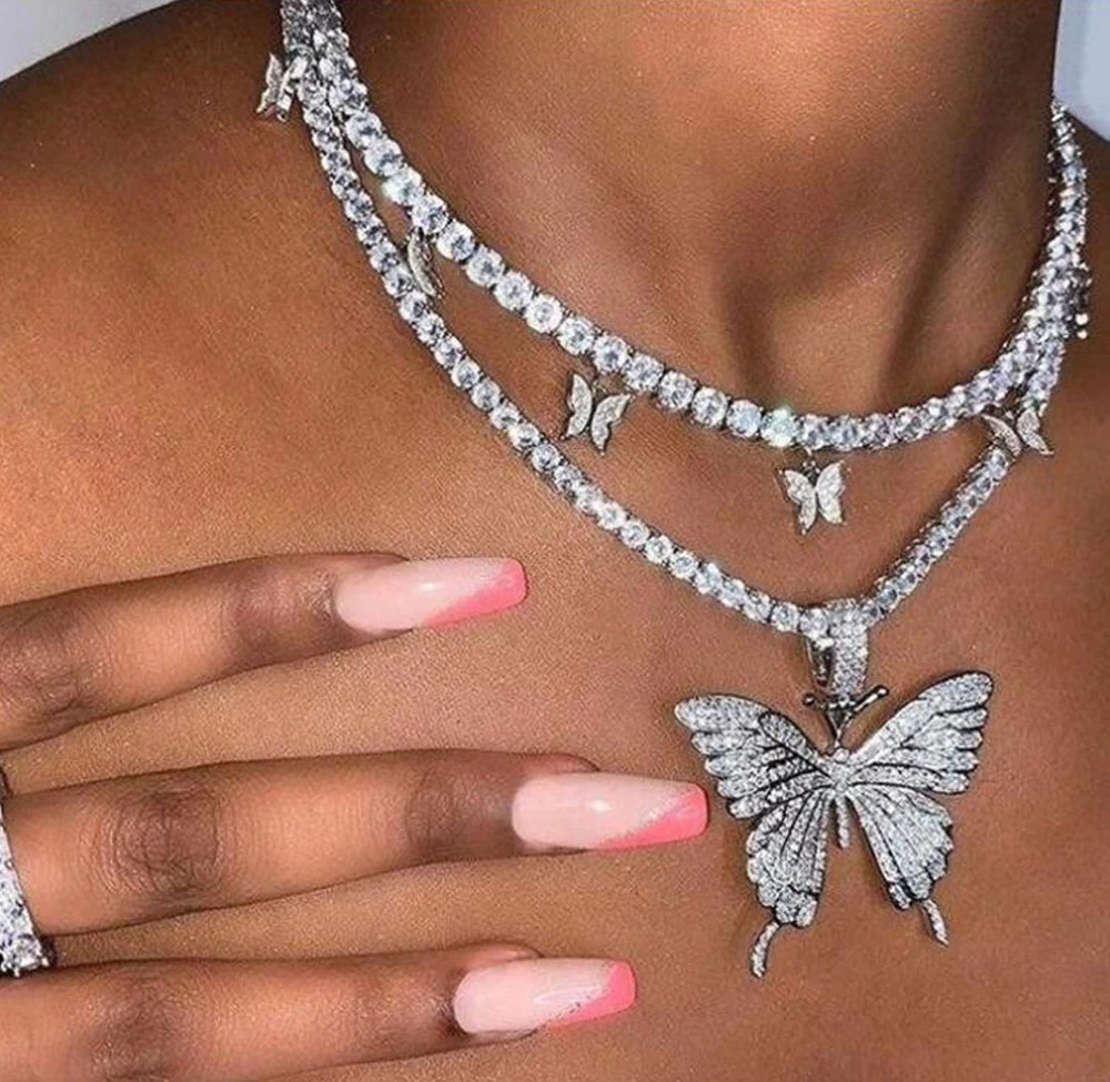 Custom Big Crystal Butterfly Necklace Hiphop Tennis Chain Silver or Gold Butterfly Pendant Necklace for Women