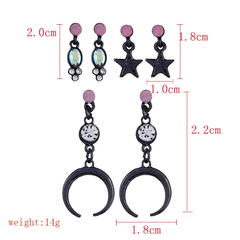 Hot Sale Elegant 3 Pair Earring Set Gun Black Star Moon Penadnt Earrings