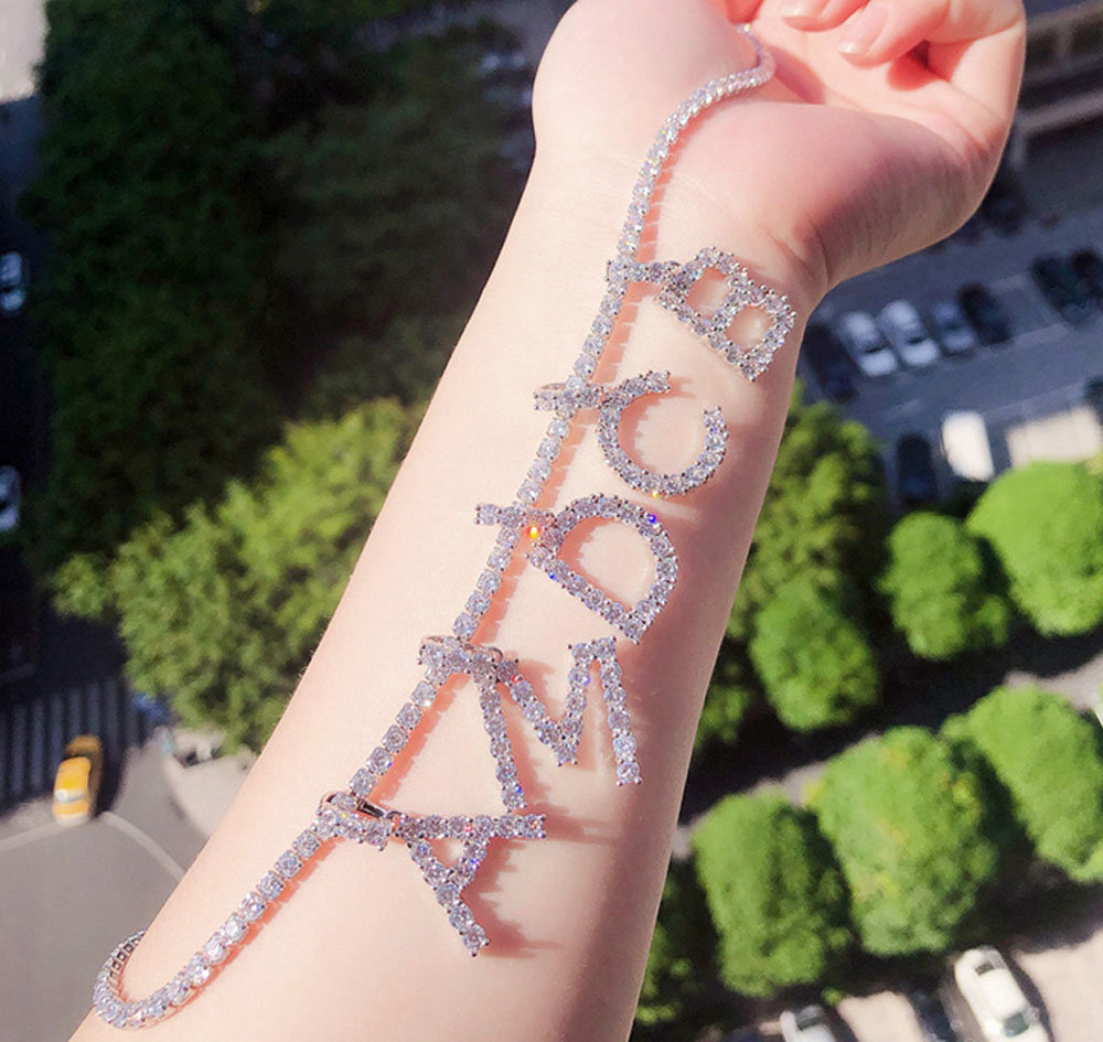Chain & Letter Women Men Rock Hip Hop Bling Jewelry Iced out Alphabet Pendant Name Tennis Chain Rhinestone Initial Necklace