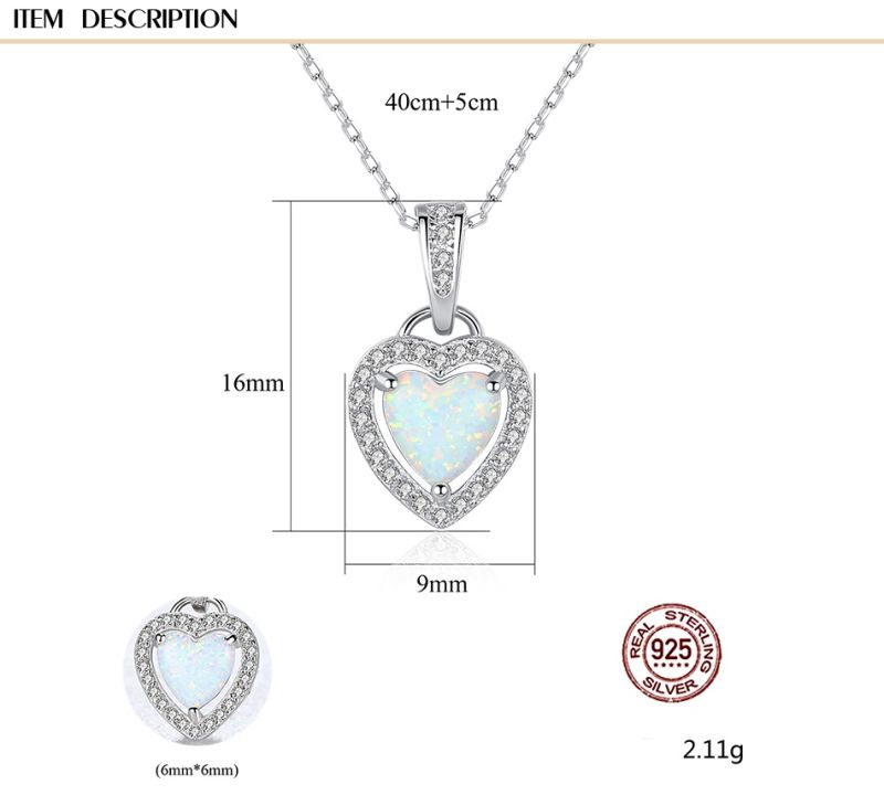 S925 Silver CZ Delicate Opal Stone Heart Pendant Necklace