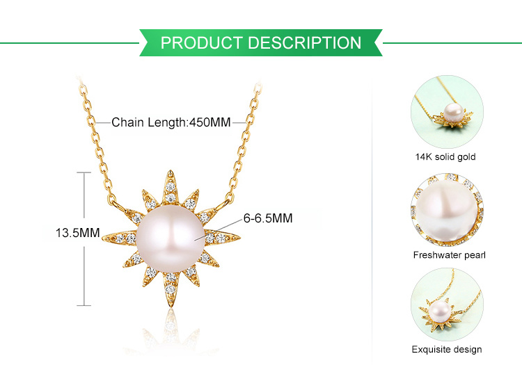 Pure Gold Freshwater Pearl Necklace Ladies Dainty Sun Shape Pendant Necklace