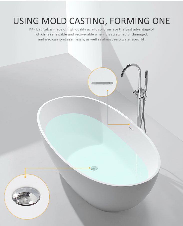 Oval Shape Deep Indoor Soaking Freestanding Acrylic Solid Surface Bathroom Soaking Bathtub