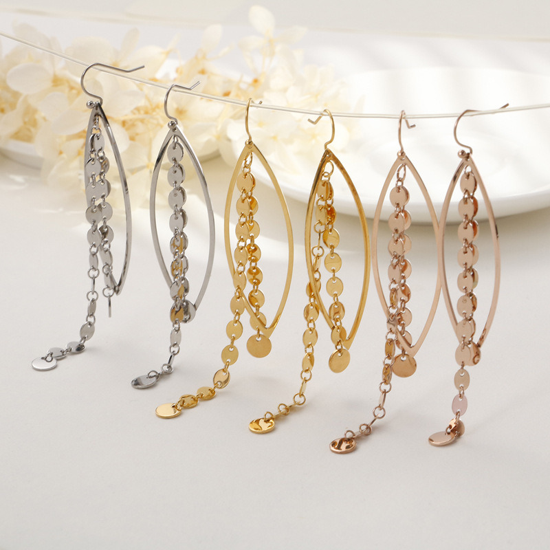 Geometric Asymmetric Disc Sequins Tassel Gold-Plated Stainless Steel Earrings Drop