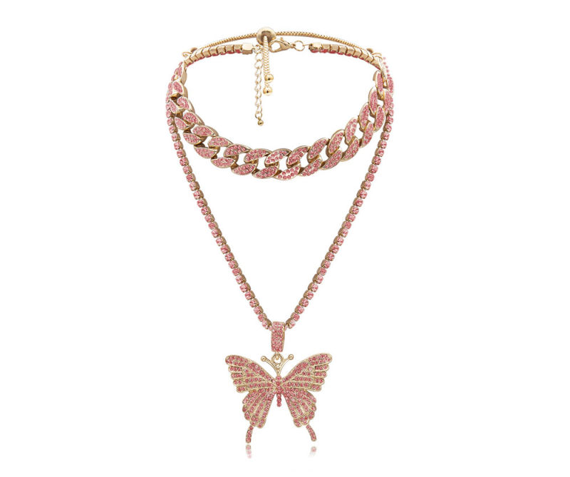 2021 Fine Jewelry Rose Gold Micro Pave Pink CZ Cubic Zircon Diamond Cuban Link Chain Tennis Butterfly Necklace